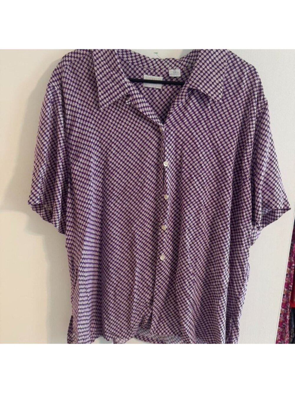 Purple and white checkered short sleeve button up blouse #vintage #disco #70s
